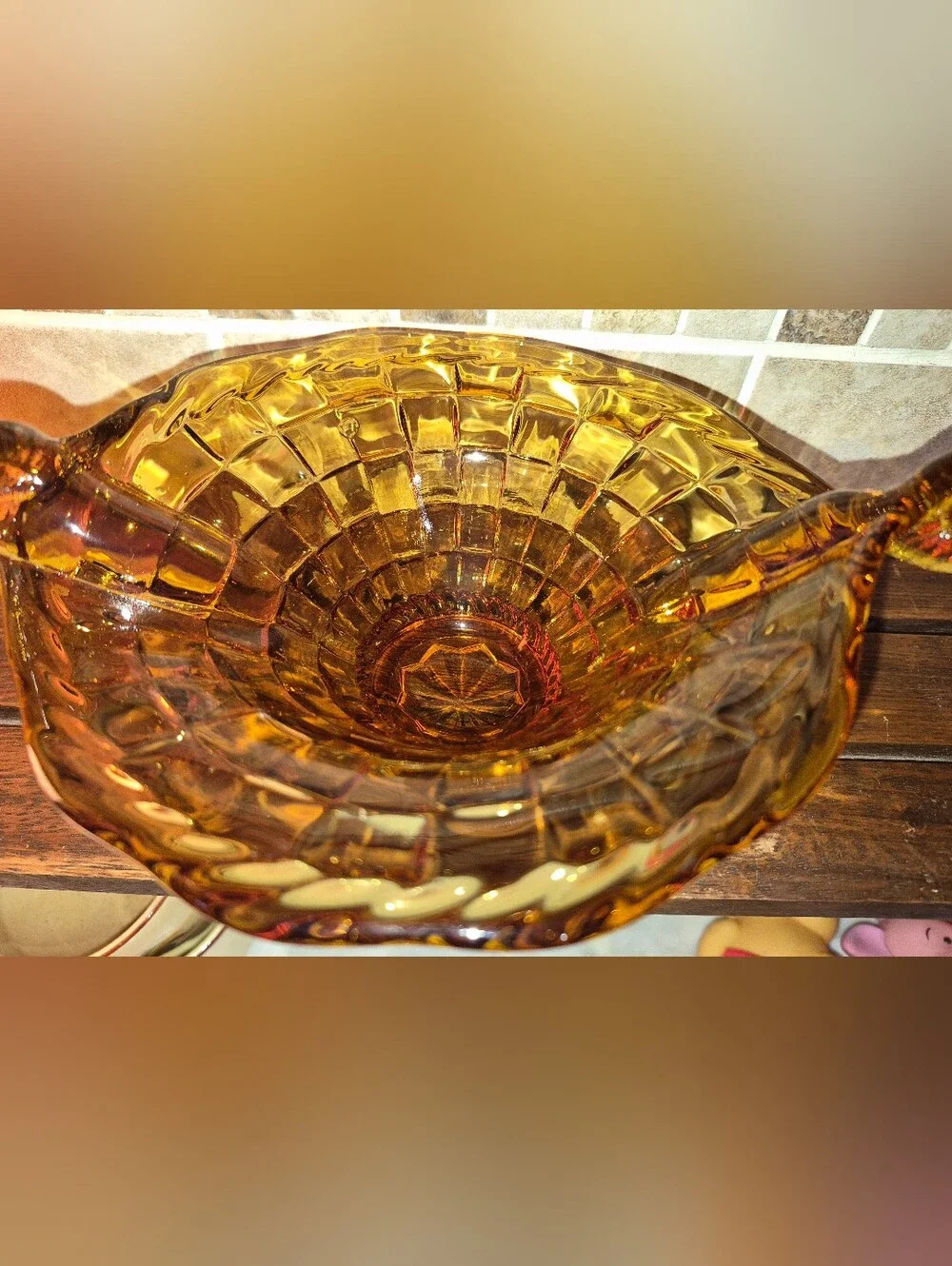 Vintage Fenton Amber pressed glass basketweave bowl w/ twisted split-handles